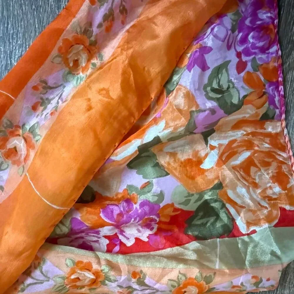 Women's Floral, Orang Scarf- 100% Silk